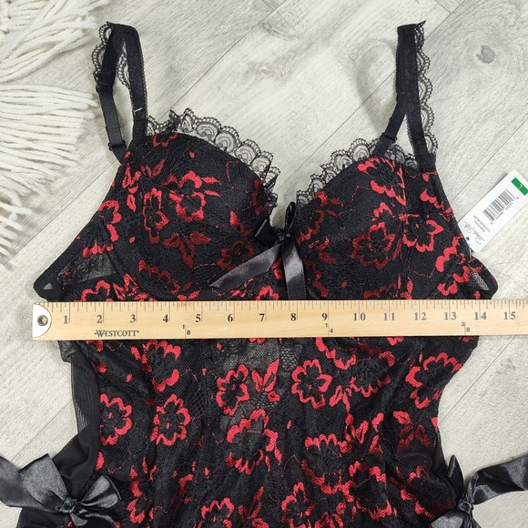 Nwts! Rene Rofe Women's Large Metalic Red & Black Lace Floral Lingerie With Bows - Picture 9 of 16